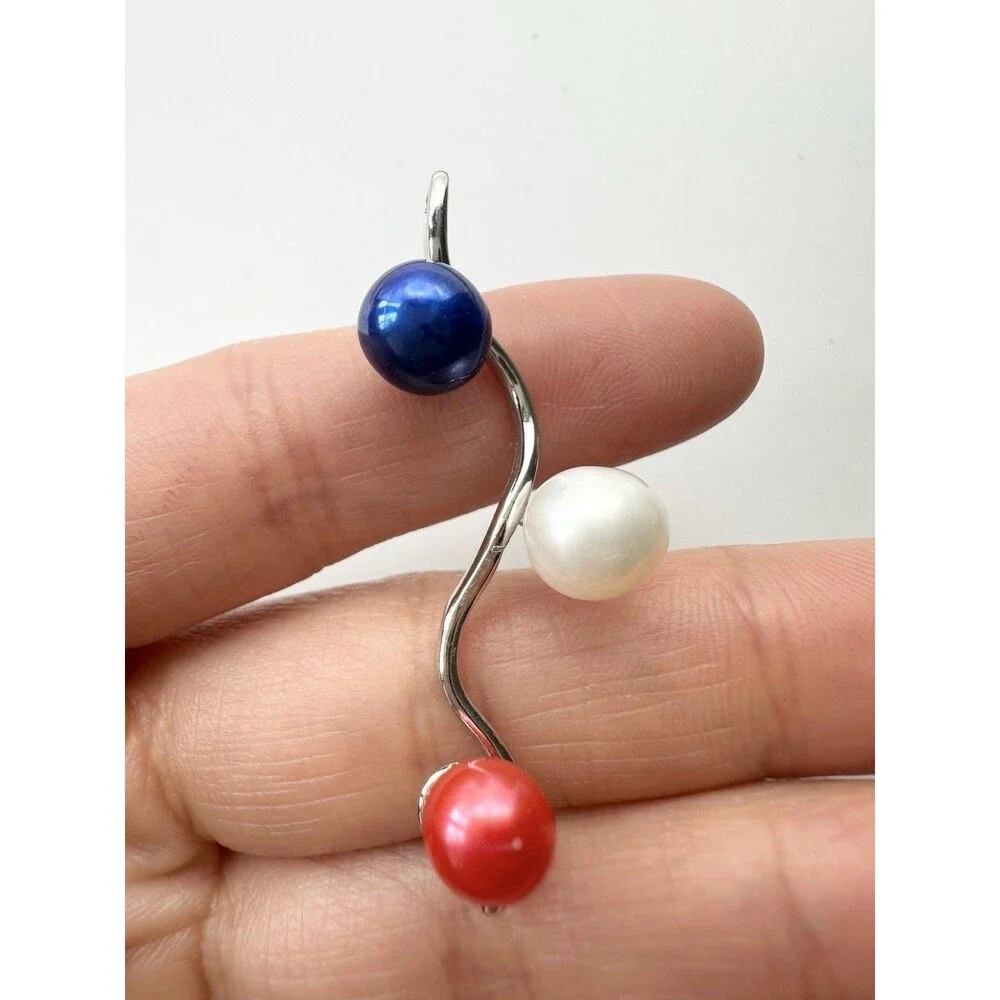 925 Sterling Silver Freshwater Pearl Patriotic Pendant Blue Red White